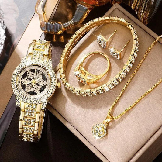 Snowflake Pattern Watch Luxury Full Rhinestone Jewelry Five-piece Set - Lumina shop
