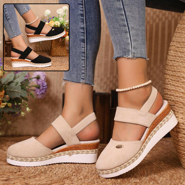 Hemp Rope Wedges Sandals Summer Lightweight Braided Closed Toe Elastic Band Shoes For Women - Lumina shop