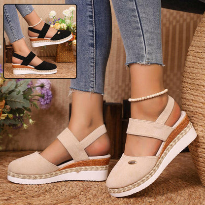 Hemp Rope Wedges Sandals Summer Lightweight Braided Closed Toe Elastic Band Shoes For Women - Lumina shop
