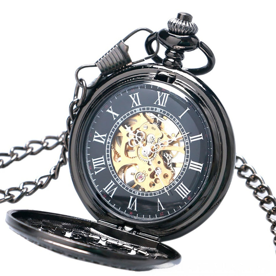 Black pocket watch with chain on a white background