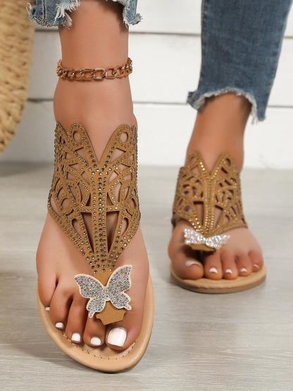 Slip-On Rhinestone Sandals with Hollow Flat Heel and Flip-Toe Design for Women - My Store