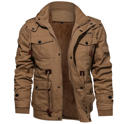 Winter Zip-up Coat Warm Thickened Detachable Hooded Jacket Multi-pocket