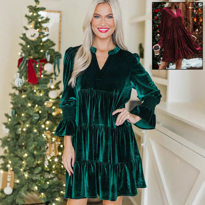 Velvet Christmas Dress for Women – Long Sleeve V-Neck Puffy Sleeve Mini Dress | Luminashop.