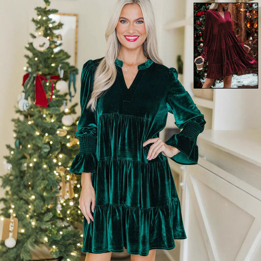 Velvet Christmas Dress for Women – Long Sleeve V-Neck Puffy Sleeve Mini Dress | Luminashop.