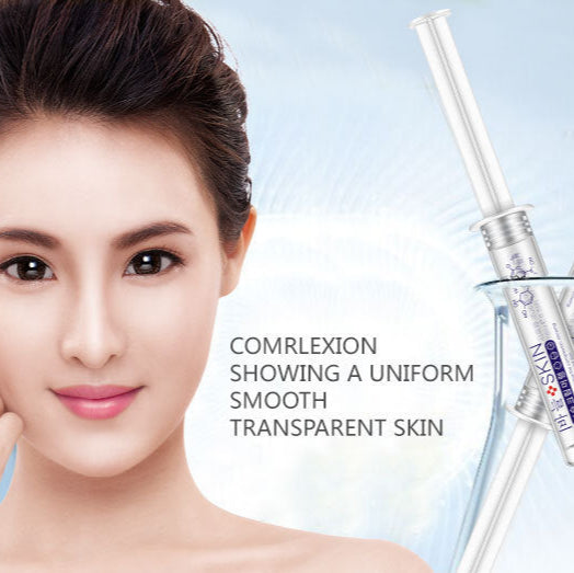 Woman with smooth skin and skincare products on a light blue background