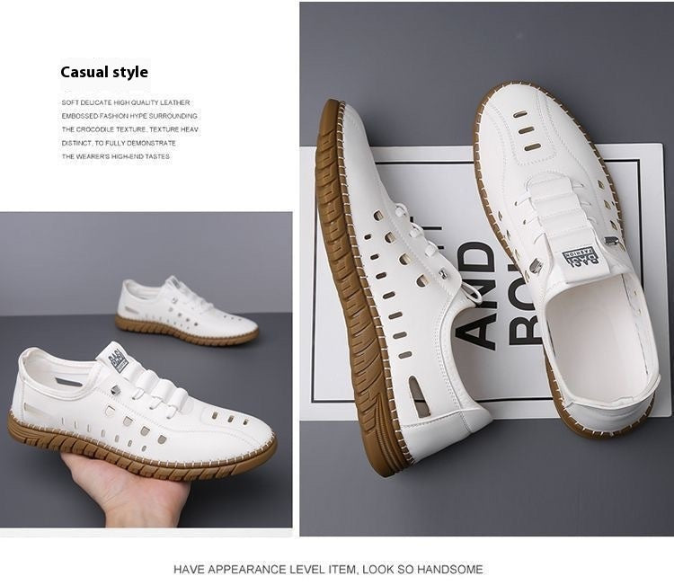 Hollow Breathable White Shoes – Soft Bottom Men’s Slip-On Leather Sandals | Luminashop