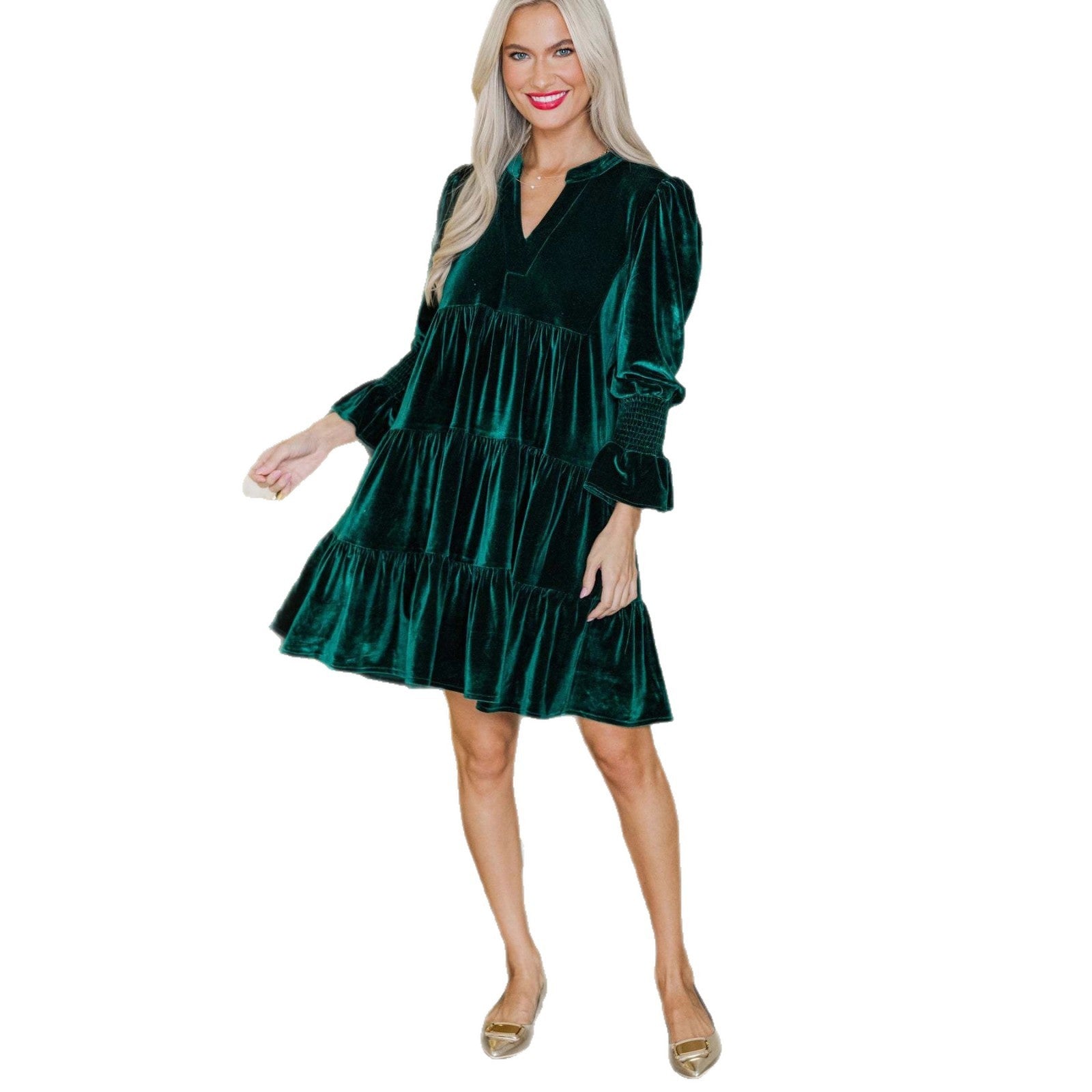 Velvet Christmas Dress for Women – Long Sleeve V-Neck Puffy Sleeve Mini Dress | Luminashop.