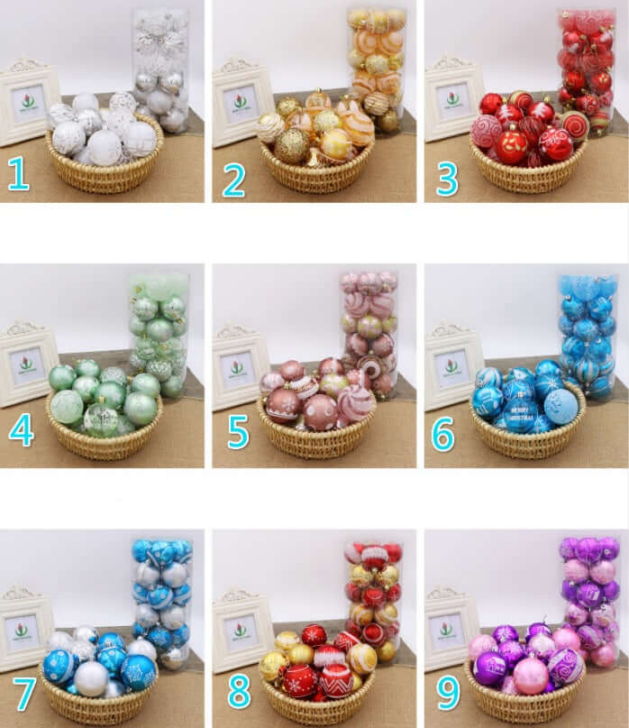 6cm Christmas tree decorations in assorted colors displayed in decorative baskets for festive holiday decor.