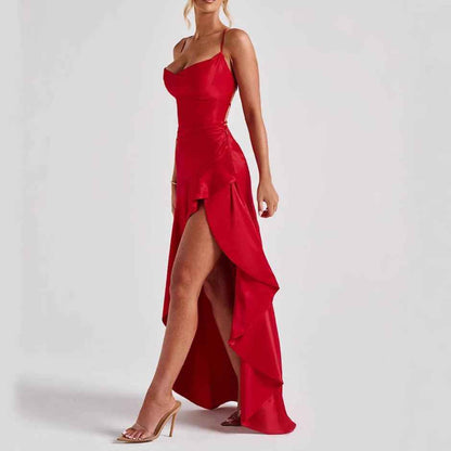 Women's Backless Ruffles Irregular Dress Summer Fashion Evening Party Club Split Suspender Maxi Dresses Clothing