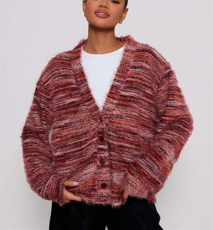Winter Stripe Knitted Sweater Ins Button Cardigan Long Sleeved V-neck Cropped Tops For Women