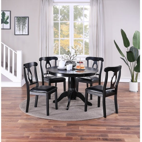 Classic Design Dining Room 5pc Set Round Table 4x Side Chairs Cushion Fabric Seat Rubberwood Black Color Furniture - Lumina shop