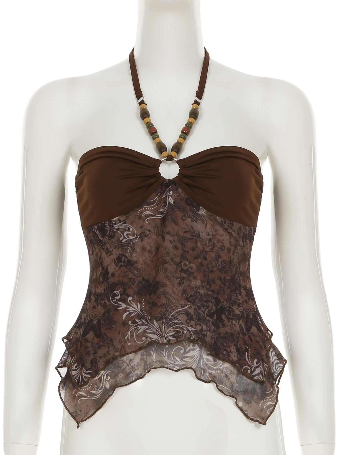 SEO-Friendly Product Description – Retro Style Beaded Halter Spaghetti Strap Mesh Stitching Irregular Hem Vest | Luminashop