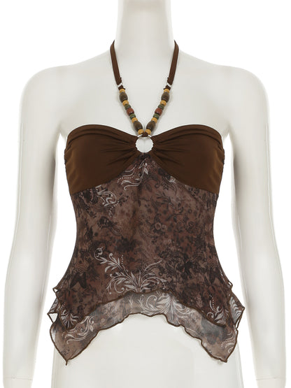 SEO-Friendly Product Description – Retro Style Beaded Halter Spaghetti Strap Mesh Stitching Irregular Hem Vest | Luminashop