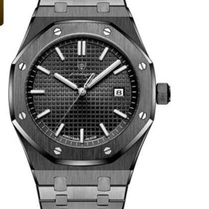 Stainless steel watch with black dial on a white background