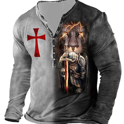 Open Placket Button Digital Printing Men's Long-sleeved T-shirt - Lumina shop