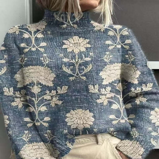 Women's Christmas Printed Turtleneck Sweater in blue floral pattern showcasing casual style.