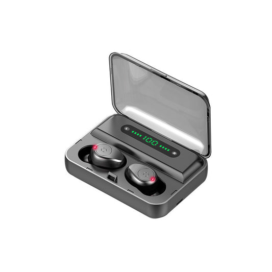 Black wireless earbuds with charging case on a white background
