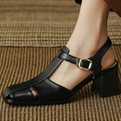 Hollow Retro Closed Toe Chunky Heel Sandals for Women | Luminashop