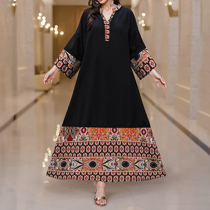 Women’s Summer Plus Size Ethnic Print Maxi Dress – Boho Casual Notched V-Neck Long Sleeve Flowy Dress | Luminashop