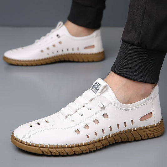 Hollow Breathable White Shoes Hole Shoes Soft Bottom Men Slip-on Leather Sandals - Lumina shop