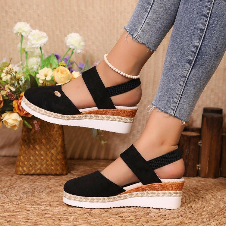 Hemp Rope Wedges Sandals Summer Lightweight Braided Closed Toe Elastic Band Shoes For Women - Lumina shop