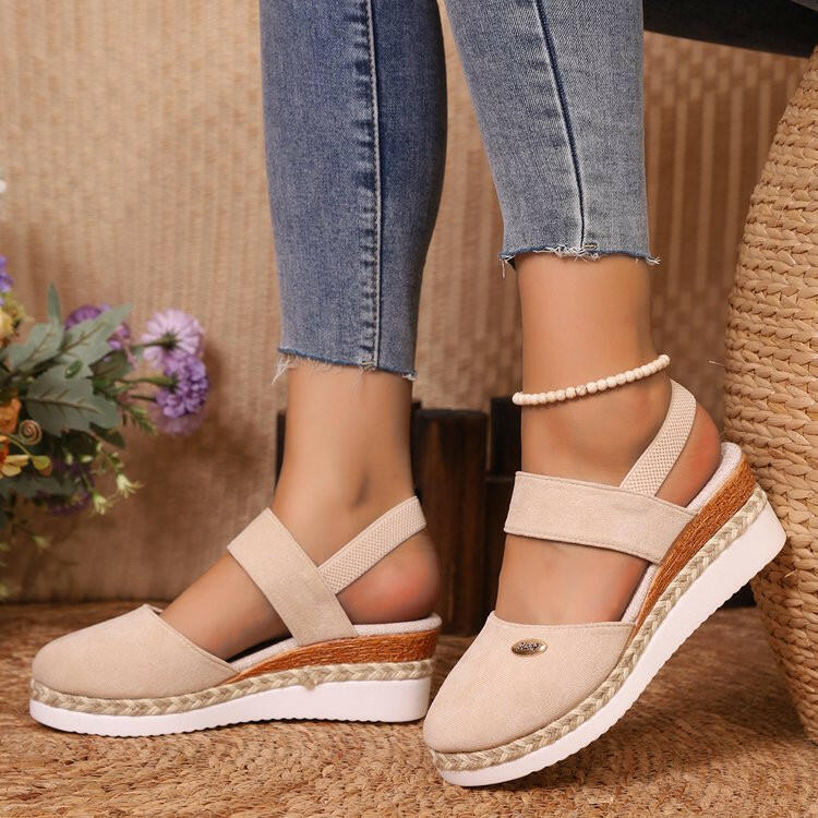 Hemp Rope Wedges Sandals Summer Lightweight Braided Closed Toe Elastic Band Shoes For Women - Lumina shop