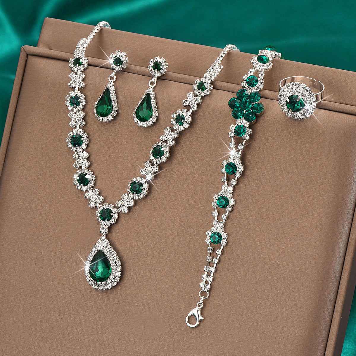 High-grade Crystal Gem Women's Water Drop Necklace Ear Stud Bracelet Ring