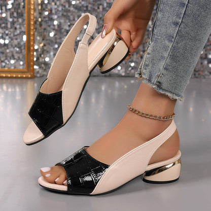 Ins Plaid Stone Pattern Sandals Summer Peep Toe Block Heels Ankle-strap Office Shoes For Women - Lumina shop
