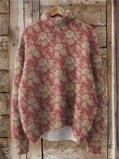 Women's Christmas Printed Turtleneck Sweater on wooden background with floral pattern.