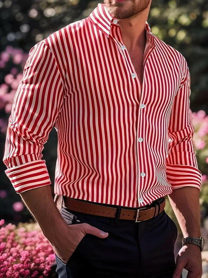 Ins Stripe Printed Long Sleeve Shirt Men Fashion Casual Lapel Button Top Clothing - Lumina shop