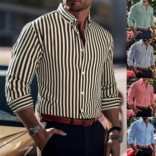 Ins Stripe Printed Long Sleeve Shirt Men Fashion Casual Lapel Button Top Clothing - Lumina shop