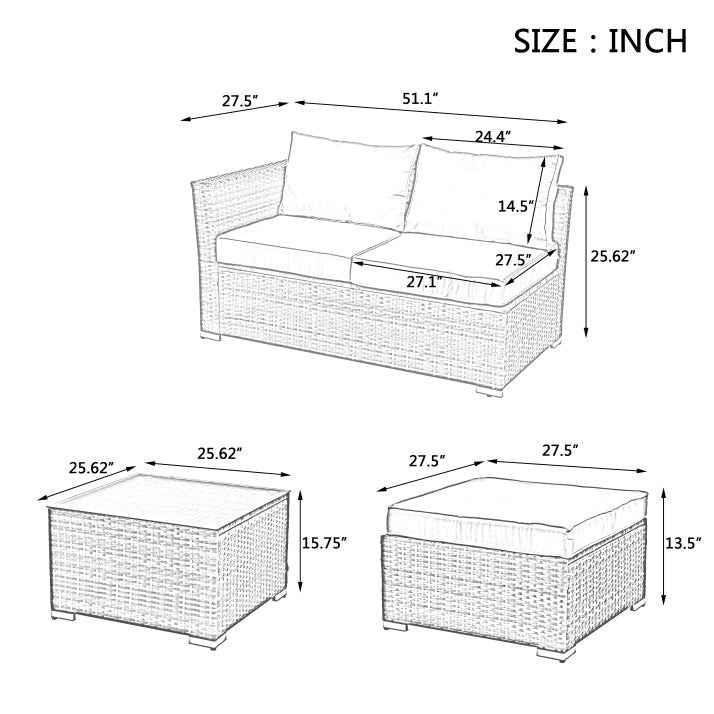 Seasonal PE Wicker Furniture, 4 Set Wicker Furniture With Tempered Glass Coffee Table