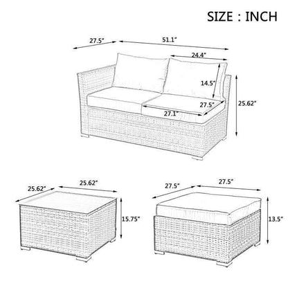 Seasonal PE Wicker Furniture, 4 Set Wicker Furniture With Tempered Glass Coffee Table