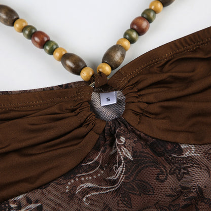 SEO-Friendly Product Description – Retro Style Beaded Halter Spaghetti Strap Mesh Stitching Irregular Hem Vest | Luminashop