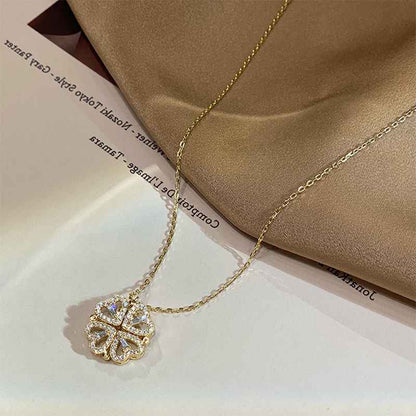 Retro Magnetic Folding Heart Shaped Four Leaf Clover Women Love Clavicle Chain Gifts Openable Choker Jewelry
