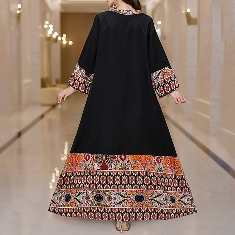 Women’s Summer Plus Size Ethnic Print Maxi Dress – Boho Casual Notched V-Neck Long Sleeve Flowy Dress | Luminashop