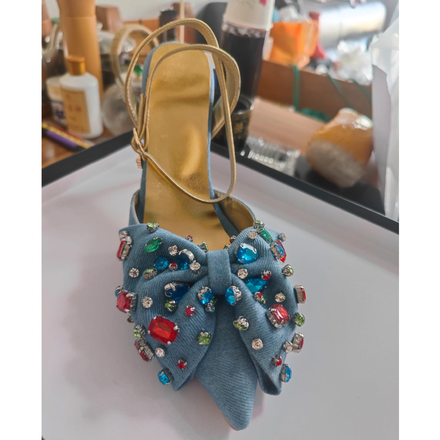 Bow Rhinestone Pointed Toe Closed Toe High Heel Plus Size Sandals | Luminashop