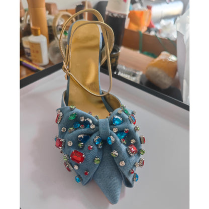 Bow Rhinestone Pointed Toe Closed Toe High Heel Plus Size Sandals | Luminashop