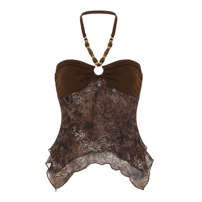 Retro Style Beaded Halter Spaghetti Straps Irregular Hem Mesh Stitching Vest - Lumina shop