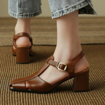 Hollow Retro Closed Toe Chunky Heel Sandals for Women | Luminashop
