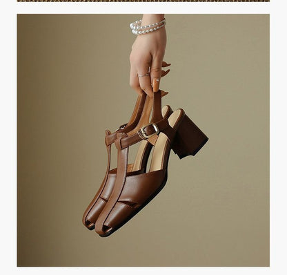 Hollow Retro Closed Toe Chunky Heel Sandals for Women | Luminashop