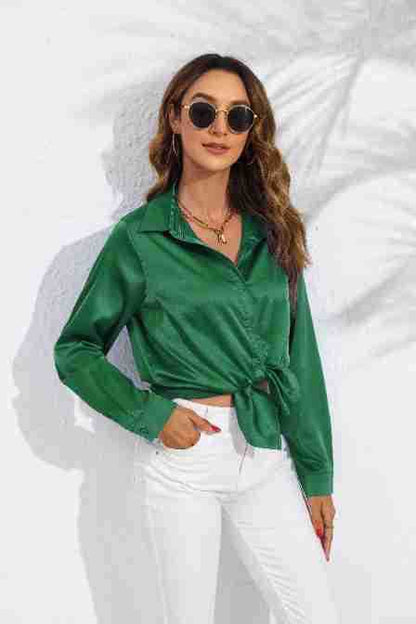 Women's Solid Color Satin Satin Long Sleeve Blouse - Lumina shop