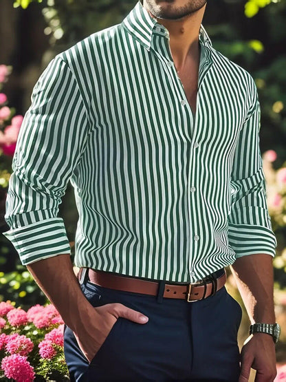 Ins Stripe Printed Long Sleeve Shirt Men Fashion Casual Lapel Button Top Clothing - Lumina shop
