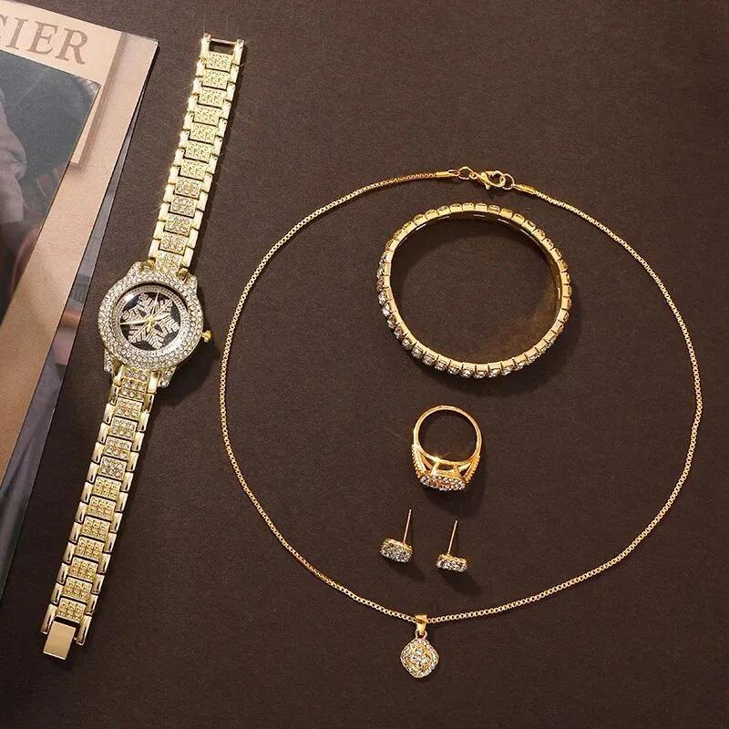 Snowflake Pattern Watch Luxury Full Rhinestone Jewelry Five-piece Set - Lumina shop