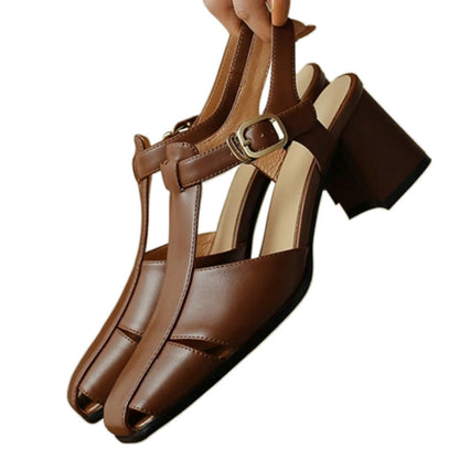 Hollow Retro Closed Toe Chunky Heel Sandals for Women | Luminashop