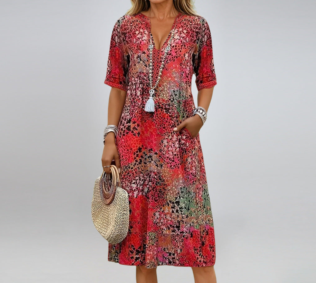 Women’s Summer V-Neck Ethnic Print Dress with Pockets – Half Sleeve Beach Holiday Outfit | Luminashop