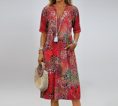 Women’s Summer V-Neck Ethnic Print Dress with Pockets – Half Sleeve Beach Holiday Outfit | Luminashop