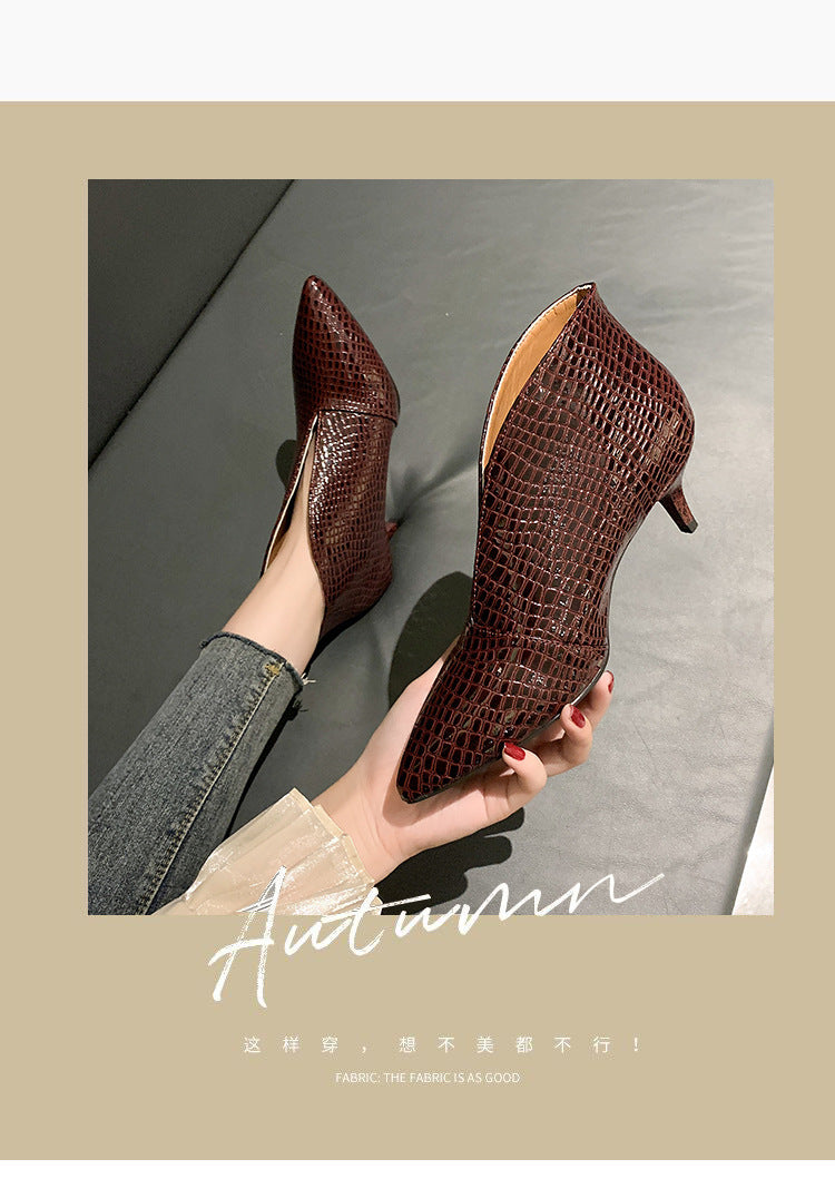 V-Cut Chunky Heel Martin Boots – Women’s Fashion with Pointed Embossed Design | Luminashop