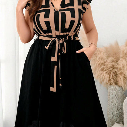 Woman wearing a black and beige patterned dress with a white background