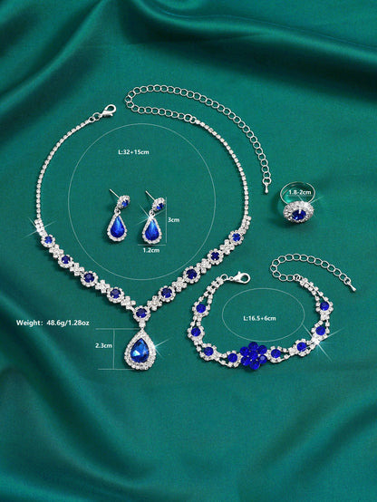 High-grade Crystal Gem Jewelry Set – Water Drop Necklace, Ear Stud, Bracelet, and Ring | Luminashop